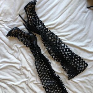 Thigh high laser cut boots